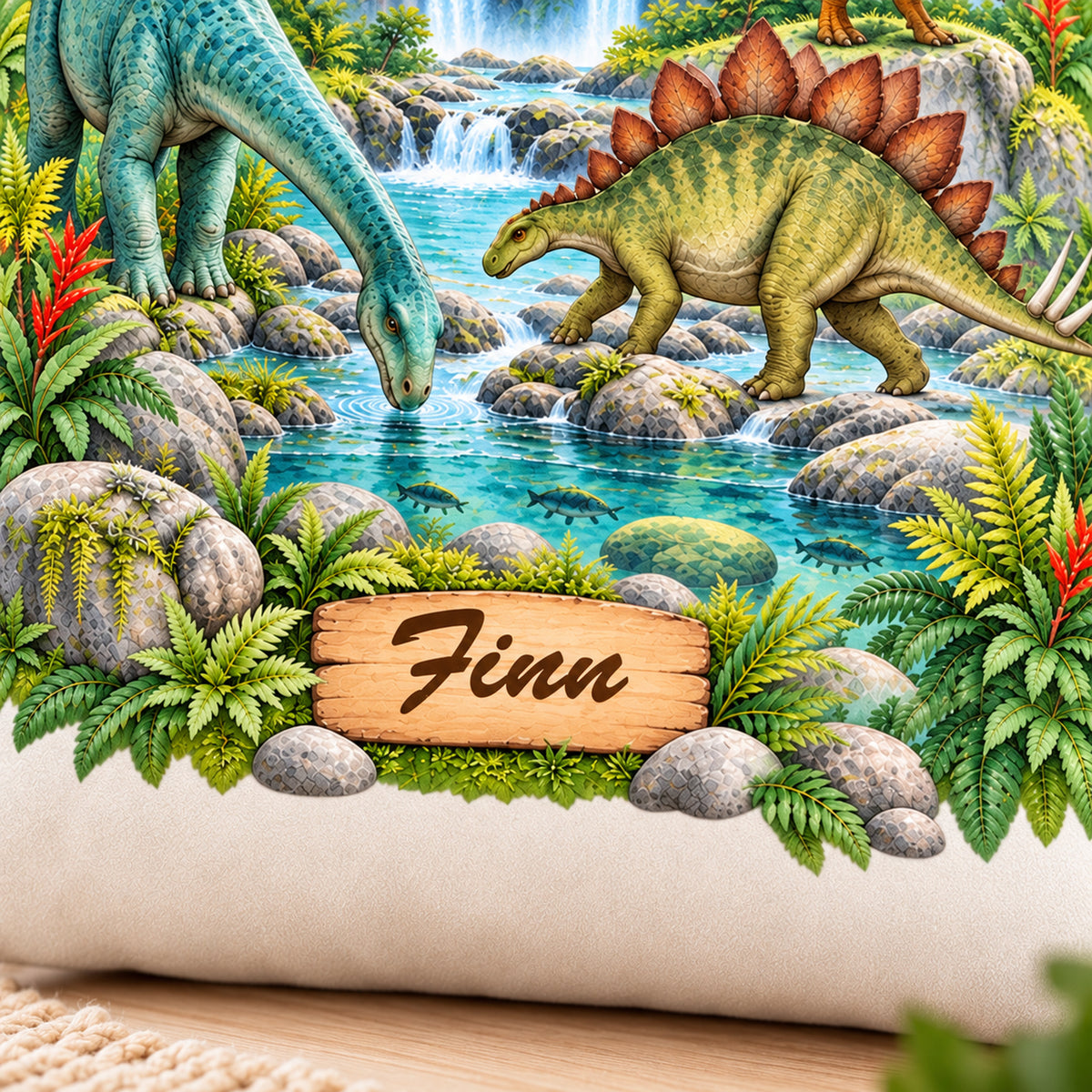 Dinosaurier-Kissenbezug Fluss-Expedition, 40 × 40 cm, mit Beispielname Finn – Motivdetail.
