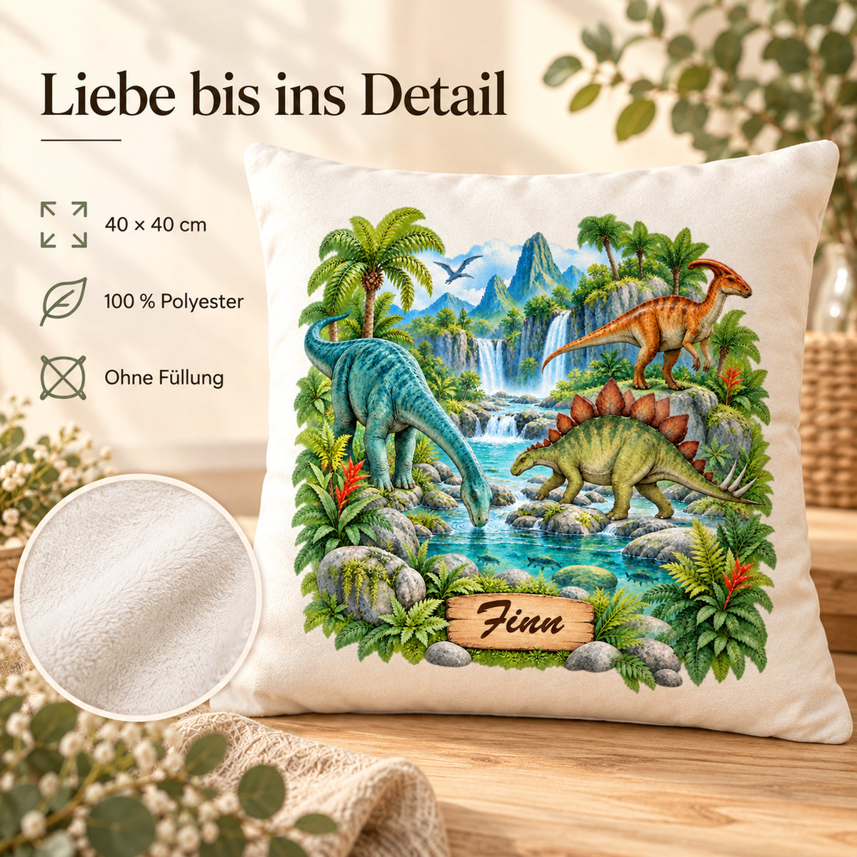 Dinosaurier-Kissenbezug Fluss-Expedition, 40 × 40 cm, mit Beispielname Finn – Eigenschaften.