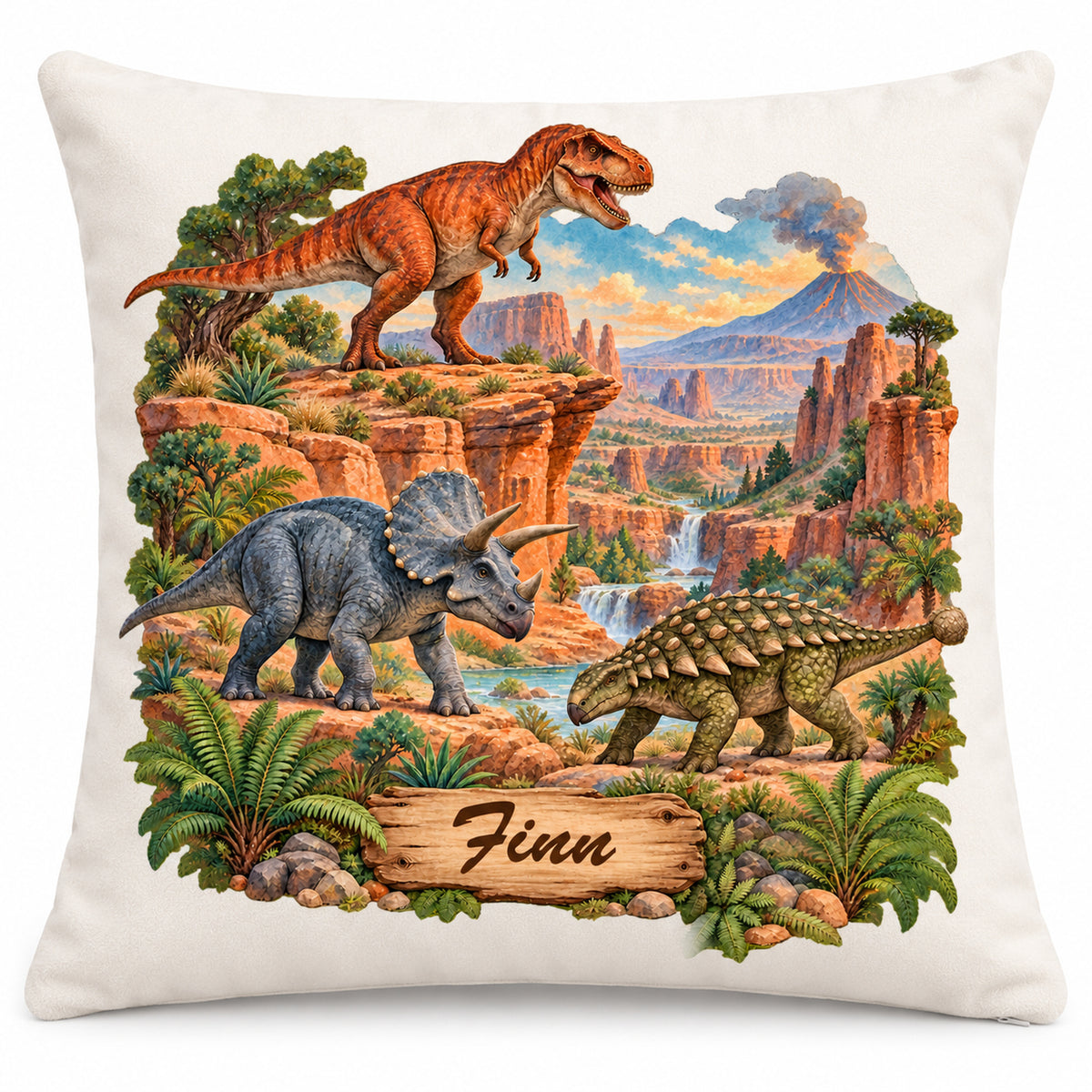 Dinosaurier-Kissenbezug Canyon-Abenteuer, 40 × 40 cm, mit Beispielname Finn – Hauptbild.