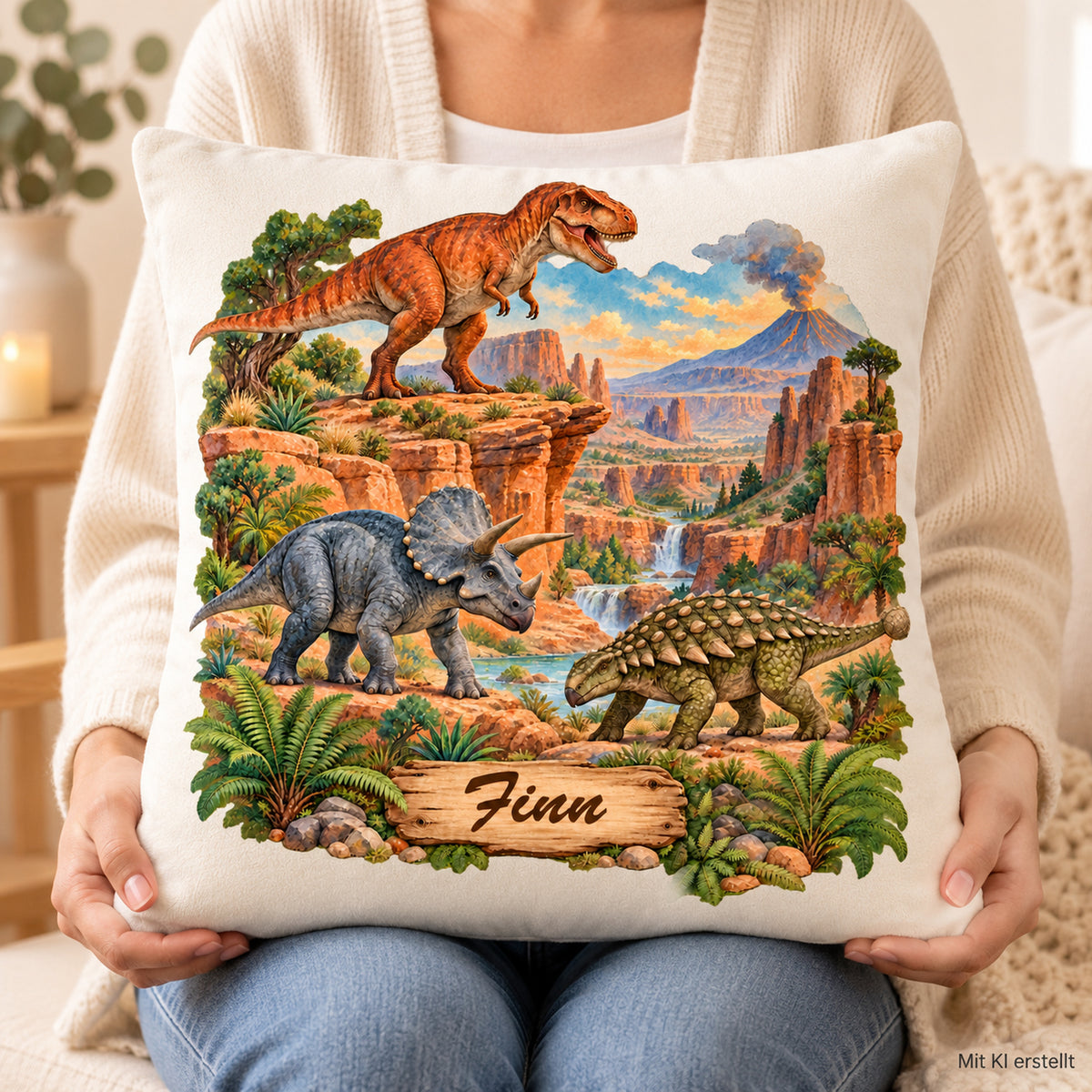 Dinosaurier-Kissenbezug Canyon-Abenteuer, 40 × 40 cm, mit Beispielname Finn – Nutzung.