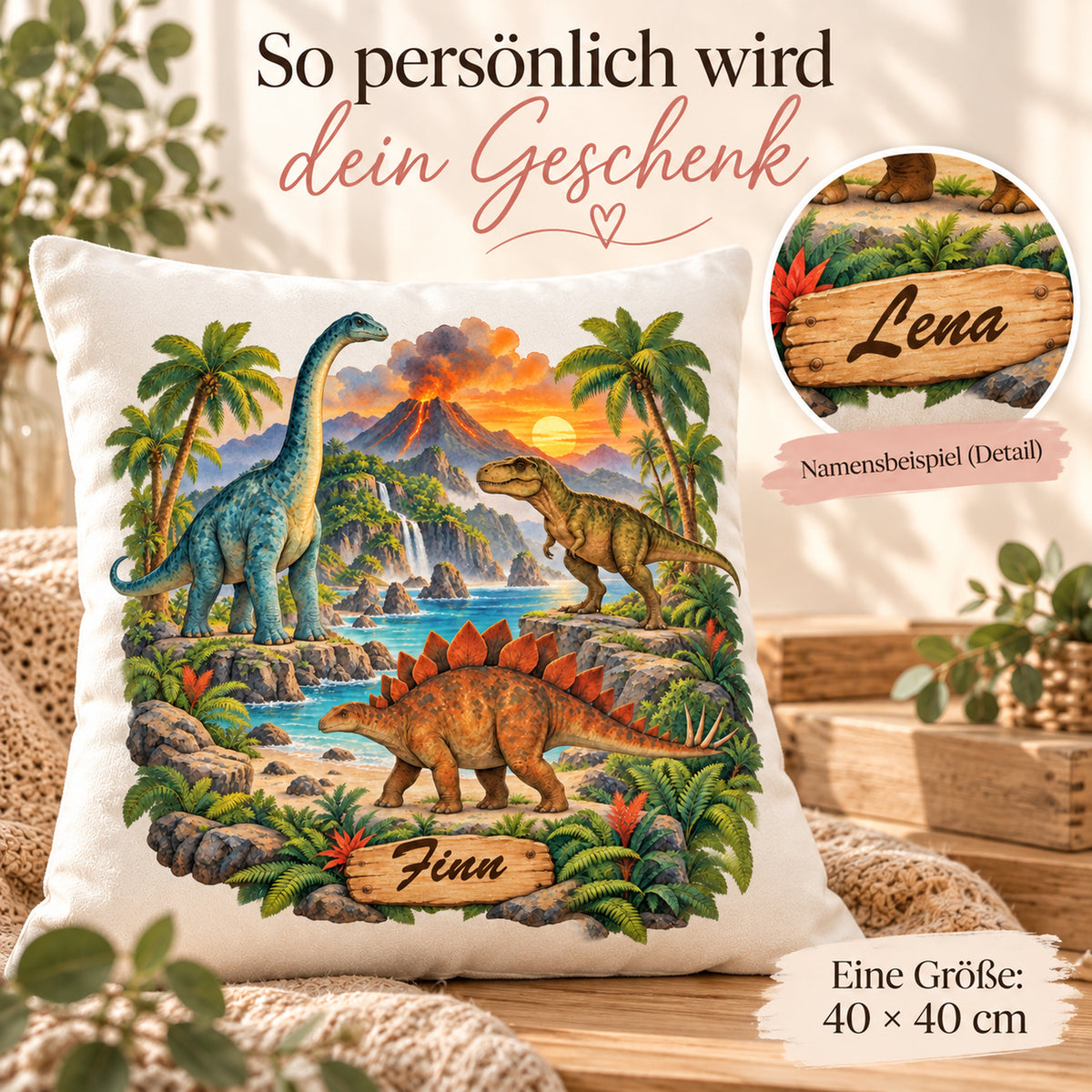 Personalisierter Dinosaurier-Kissenbezug Vulkaninsel: Finn auf dem Kissen, Lena als Namensbeispiel im Detailkreis. Eine Größe: 40 × 40 cm.