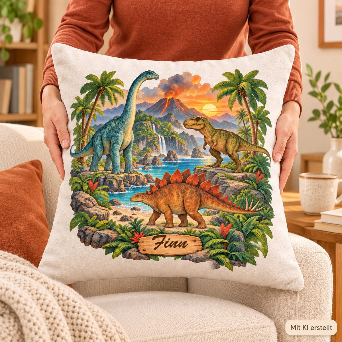 Dinosaurier-Kissenbezug Vulkaninsel, 40 × 40 cm, mit Beispielname Finn – Nutzung.