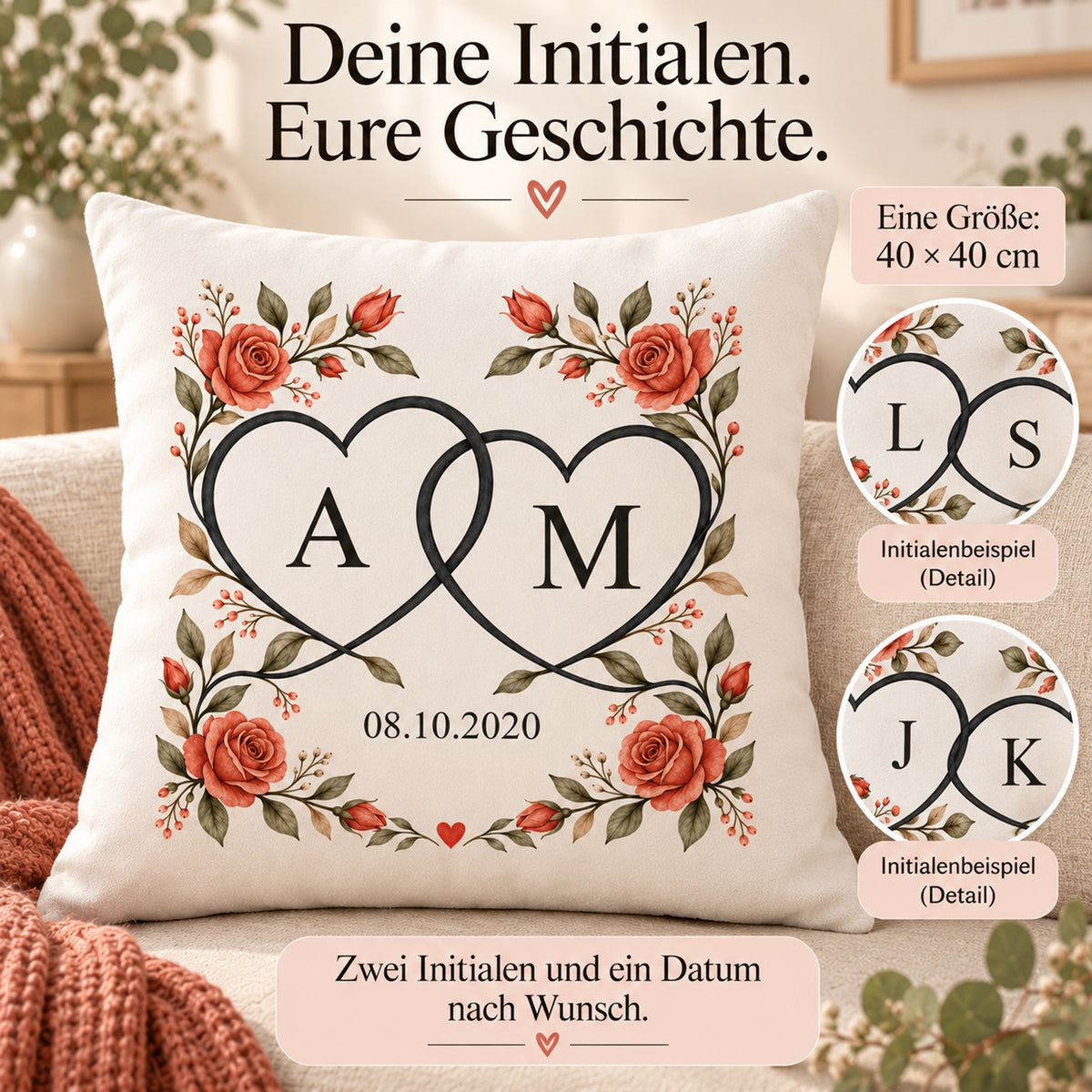 Herzlinien: personalisierter Kissenbezug mit Paarinitialen A und M und Beispieldatum 08.10.2020 – Personalisierung