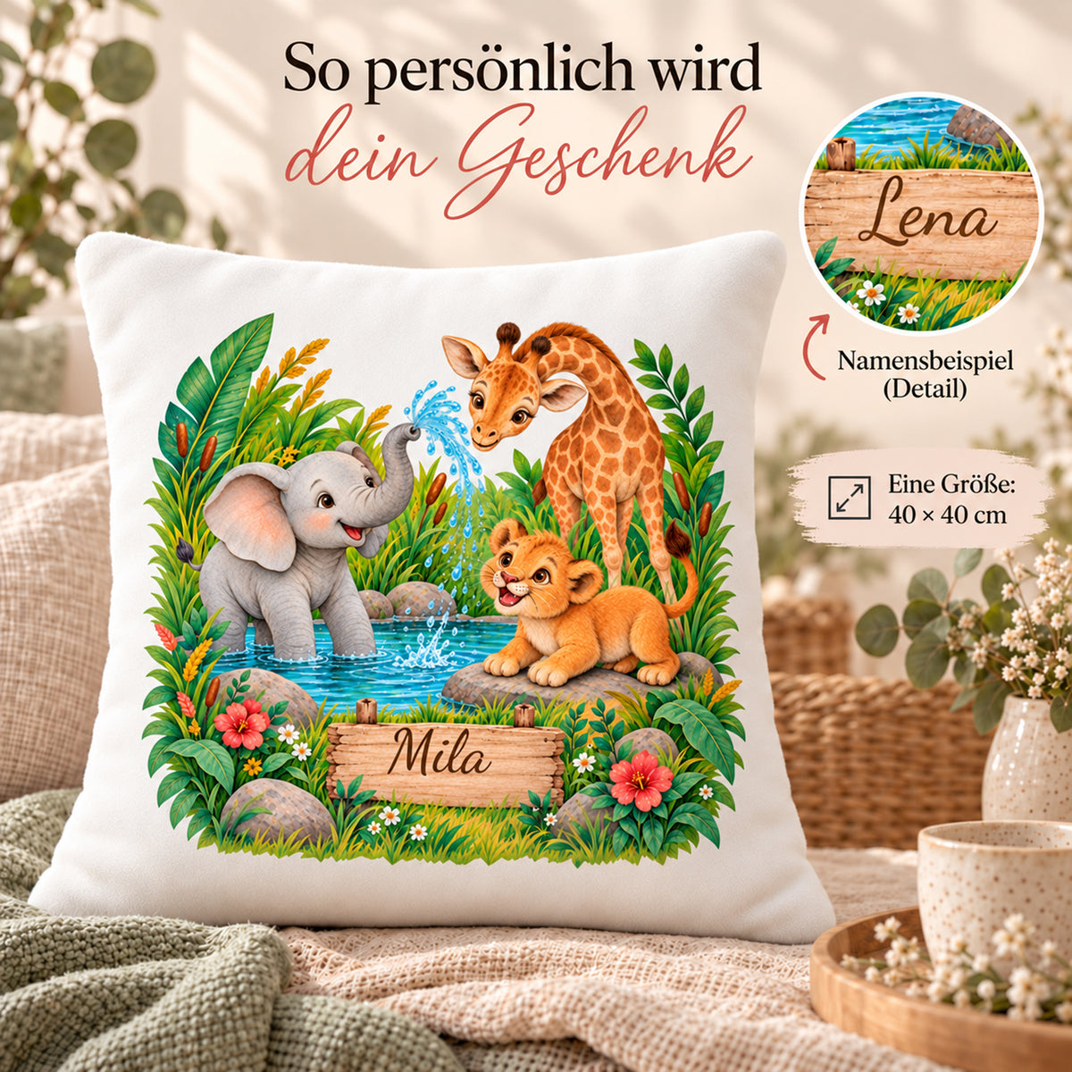 Abenteuer am Wasserloch: Personalisierung des personalisierten Safari-Kissenbezugs mit Beispielname Mila.