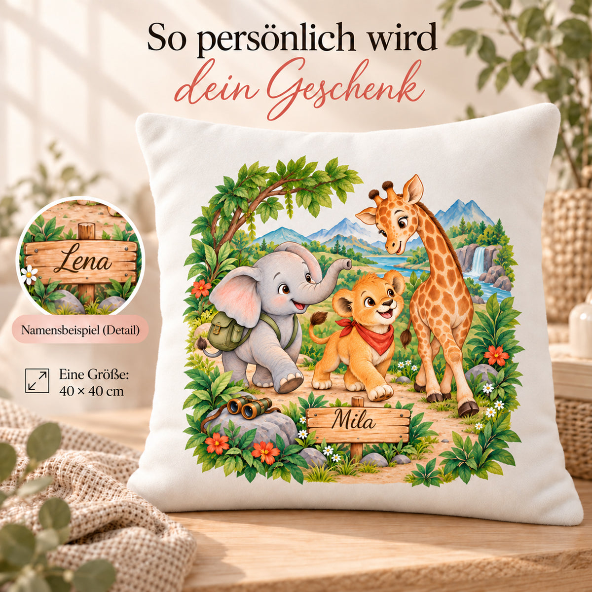 Kleine Safari-Entdecker: Personalisierung des personalisierten Safari-Kissenbezugs mit Beispielname Mila.
