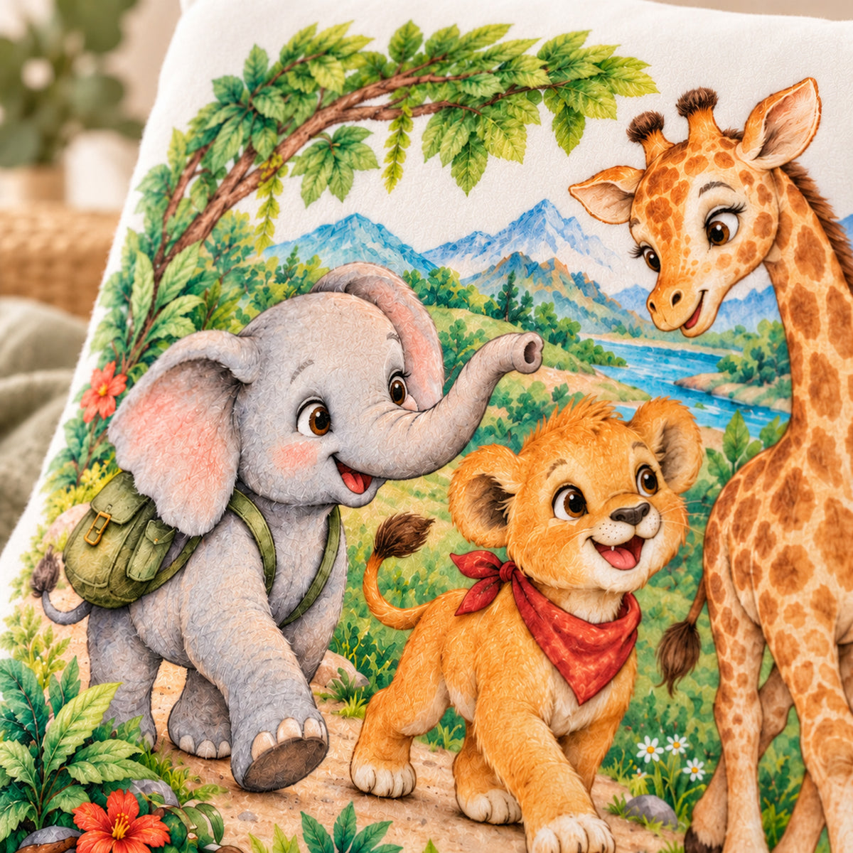 Kleine Safari-Entdecker: Motiv-Nahaufnahme des personalisierten Safari-Kissenbezugs mit Beispielname Mila.