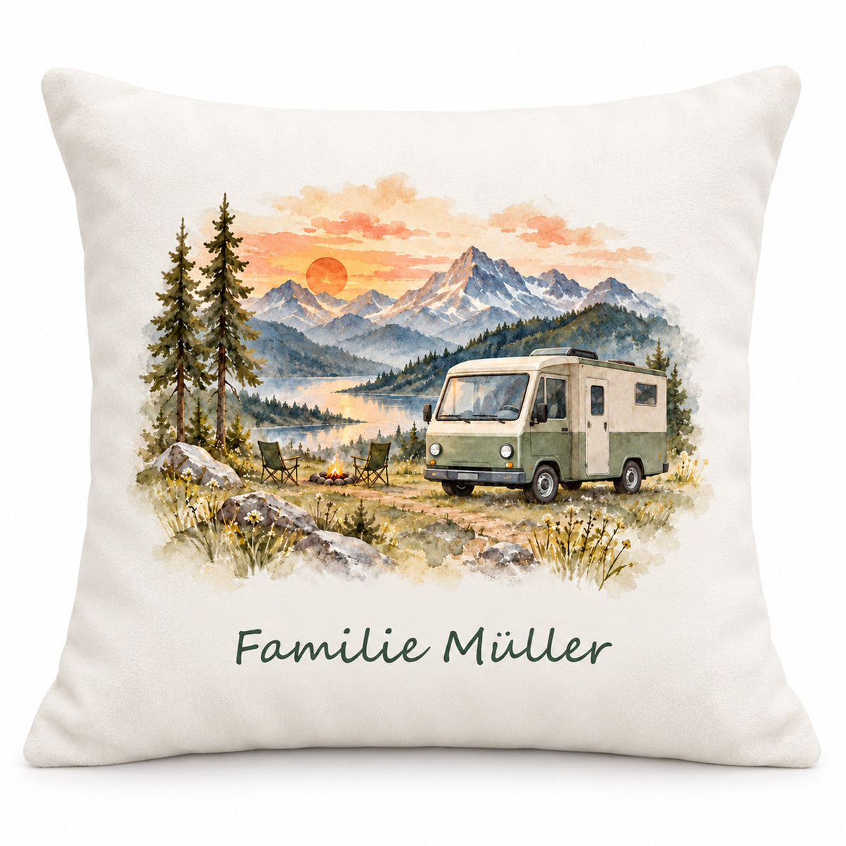 Hauptbild: personalisierter Wohnmobil-Kissenbezug Alpengluehen, 40 × 40 cm, Beispiel Familie Müller