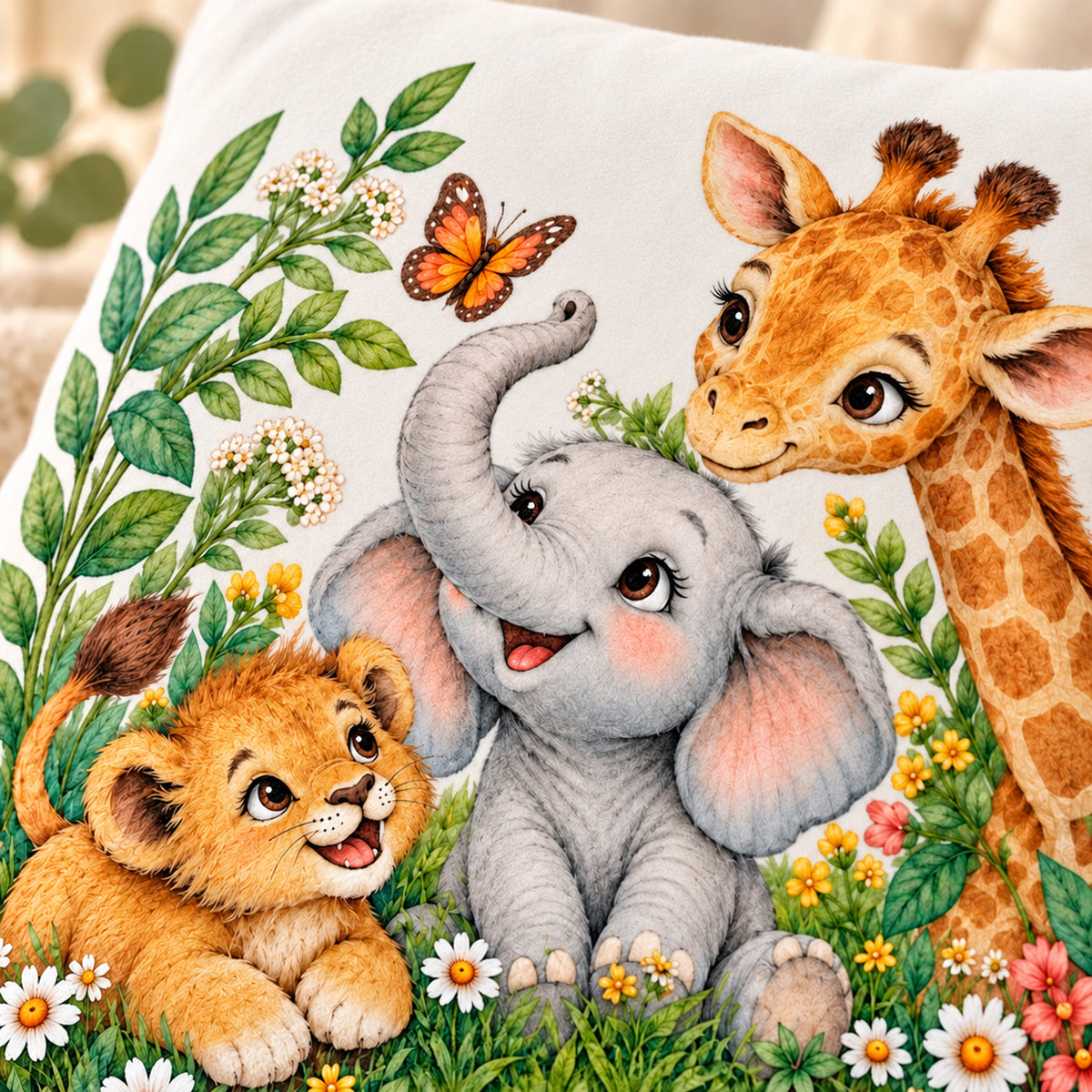Tierfreunde auf der Blumenwiese: Motiv-Nahaufnahme des personalisierten Safari-Kissenbezugs mit Beispielname Mila.