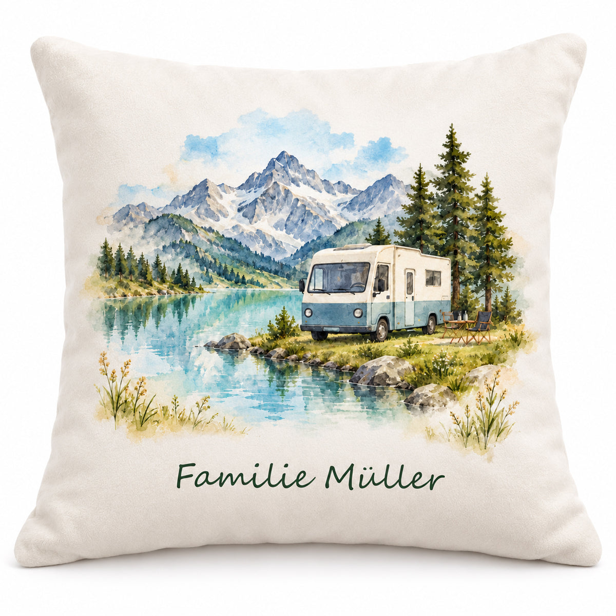 Hauptbild: personalisierter Wohnmobil-Kissenbezug Bergsee, 40 × 40 cm, Beispiel Familie Müller