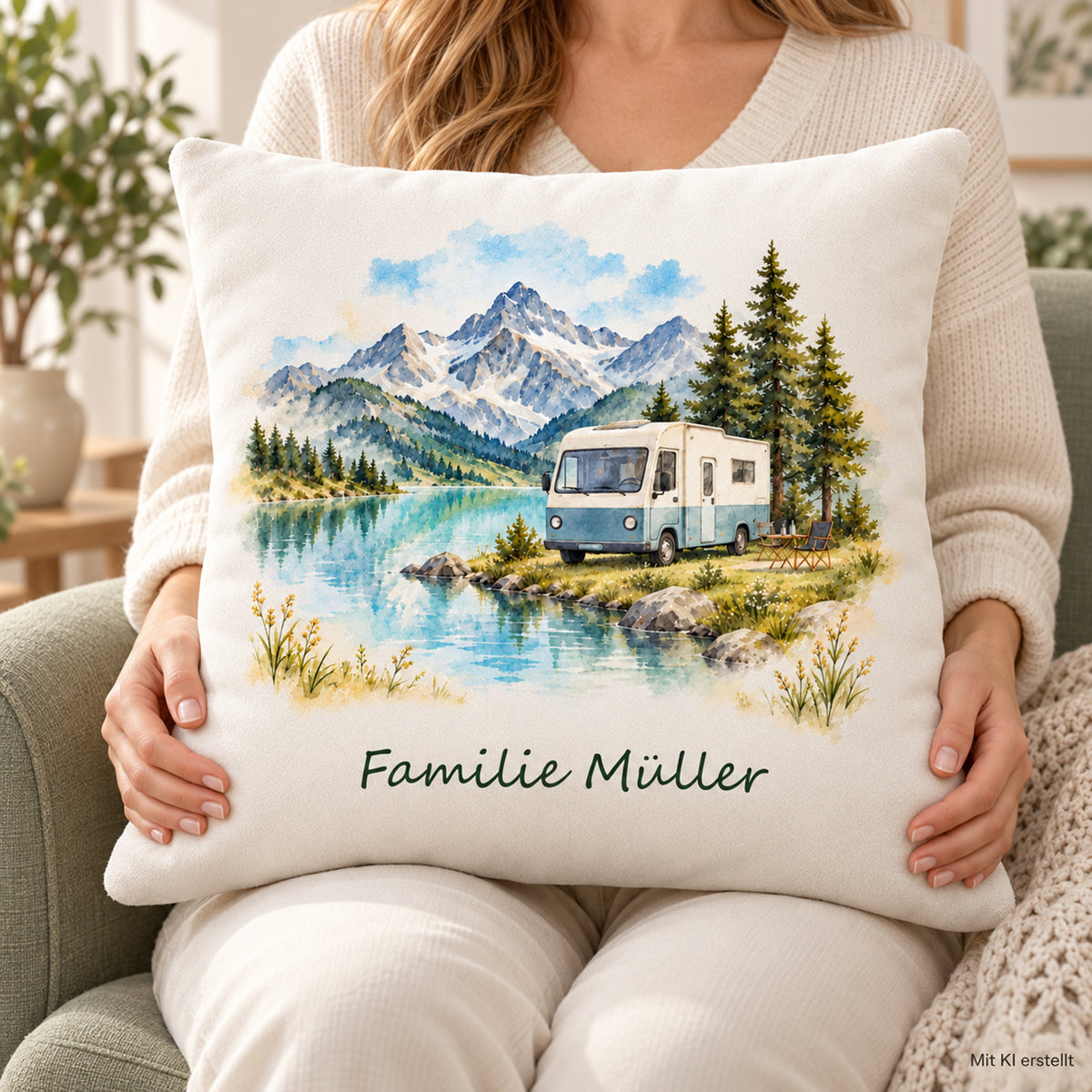 Nutzungsszene: personalisierter Wohnmobil-Kissenbezug Bergsee, 40 × 40 cm, Beispiel Familie Müller