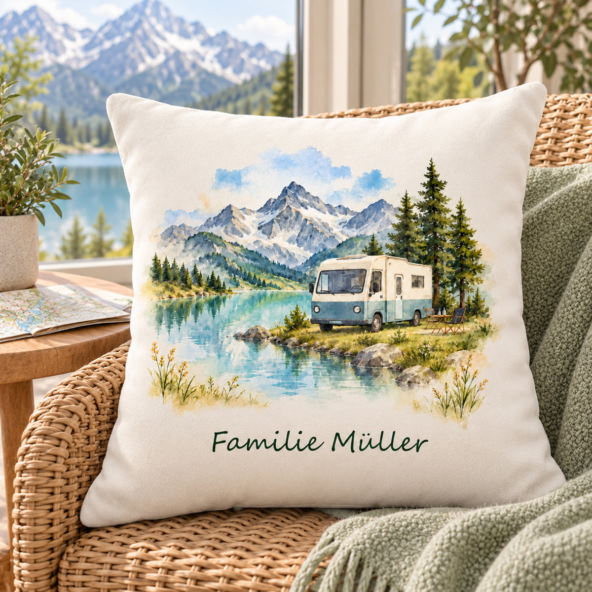 Lifestyle: personalisierter Wohnmobil-Kissenbezug Bergsee, 40 × 40 cm, Beispiel Familie Müller