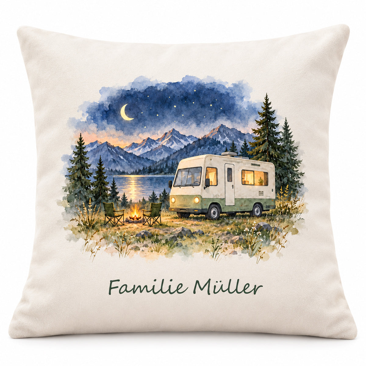 Hauptbild: personalisierter Wohnmobil-Kissenbezug Sternennacht, 40 × 40 cm, Beispiel Familie Müller