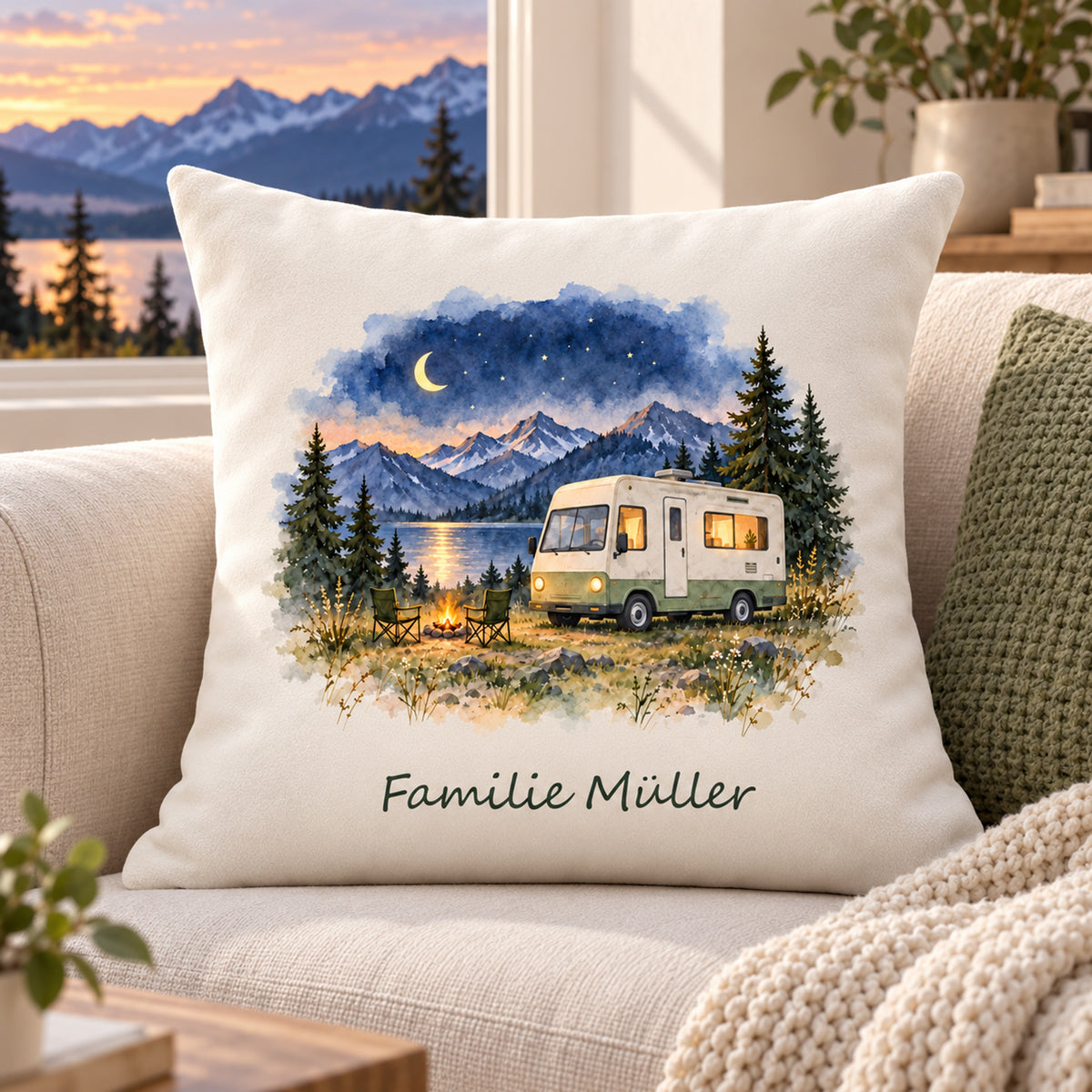 Lifestyle: personalisierter Wohnmobil-Kissenbezug Sternennacht, 40 × 40 cm, Beispiel Familie Müller