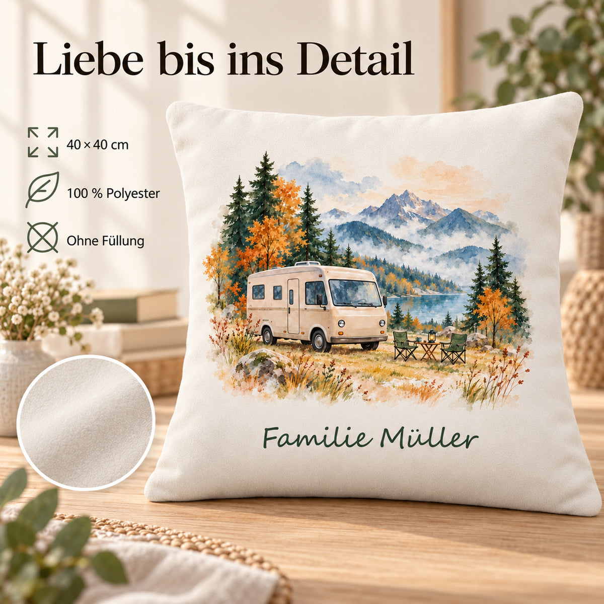 Eigenschaften: personalisierter Wohnmobil-Kissenbezug Herbstcamp, 40 × 40 cm, Beispiel Familie Müller