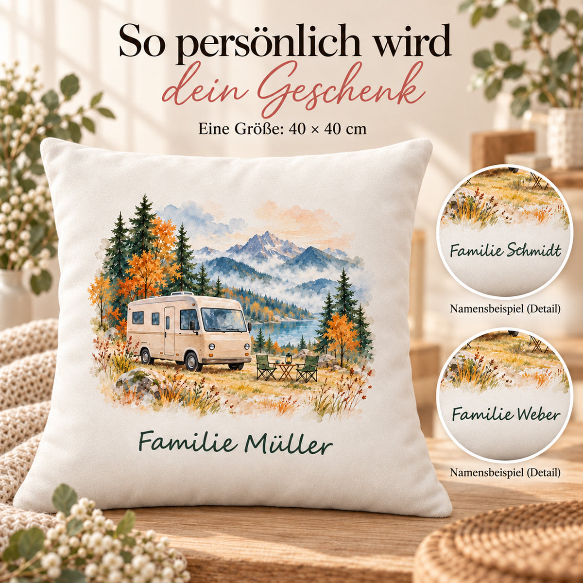 Personalisierung: personalisierter Wohnmobil-Kissenbezug Herbstcamp, 40 × 40 cm, Beispiel Familie Müller