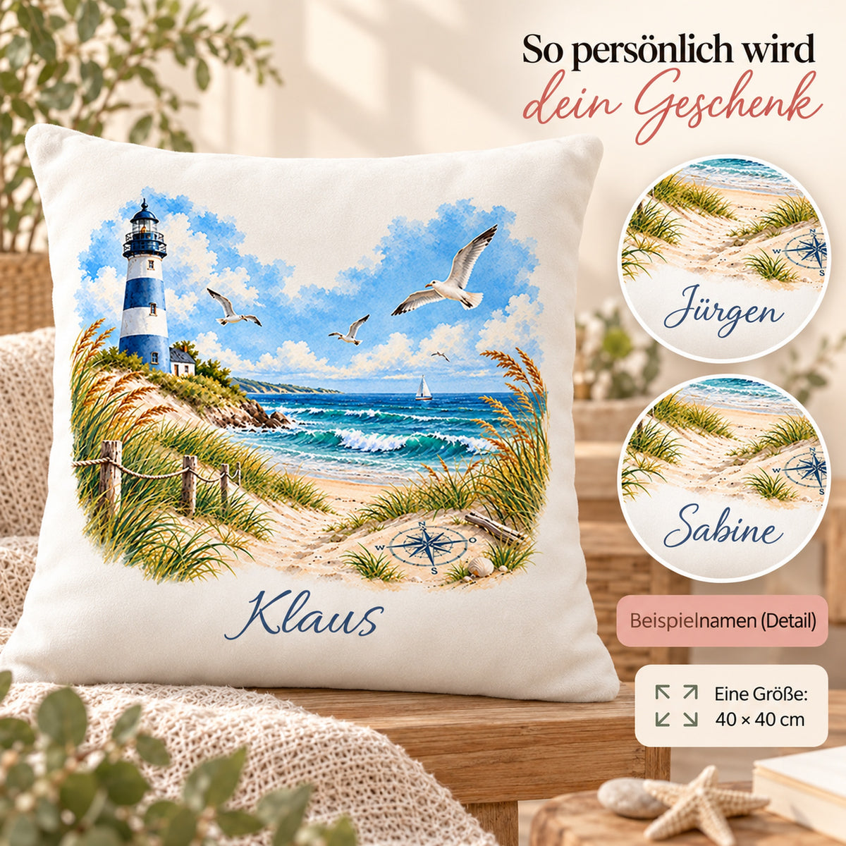 Kompass am Meer: Kissenbezug mit Leuchtturm und Beispielname Klaus – Personalisierung