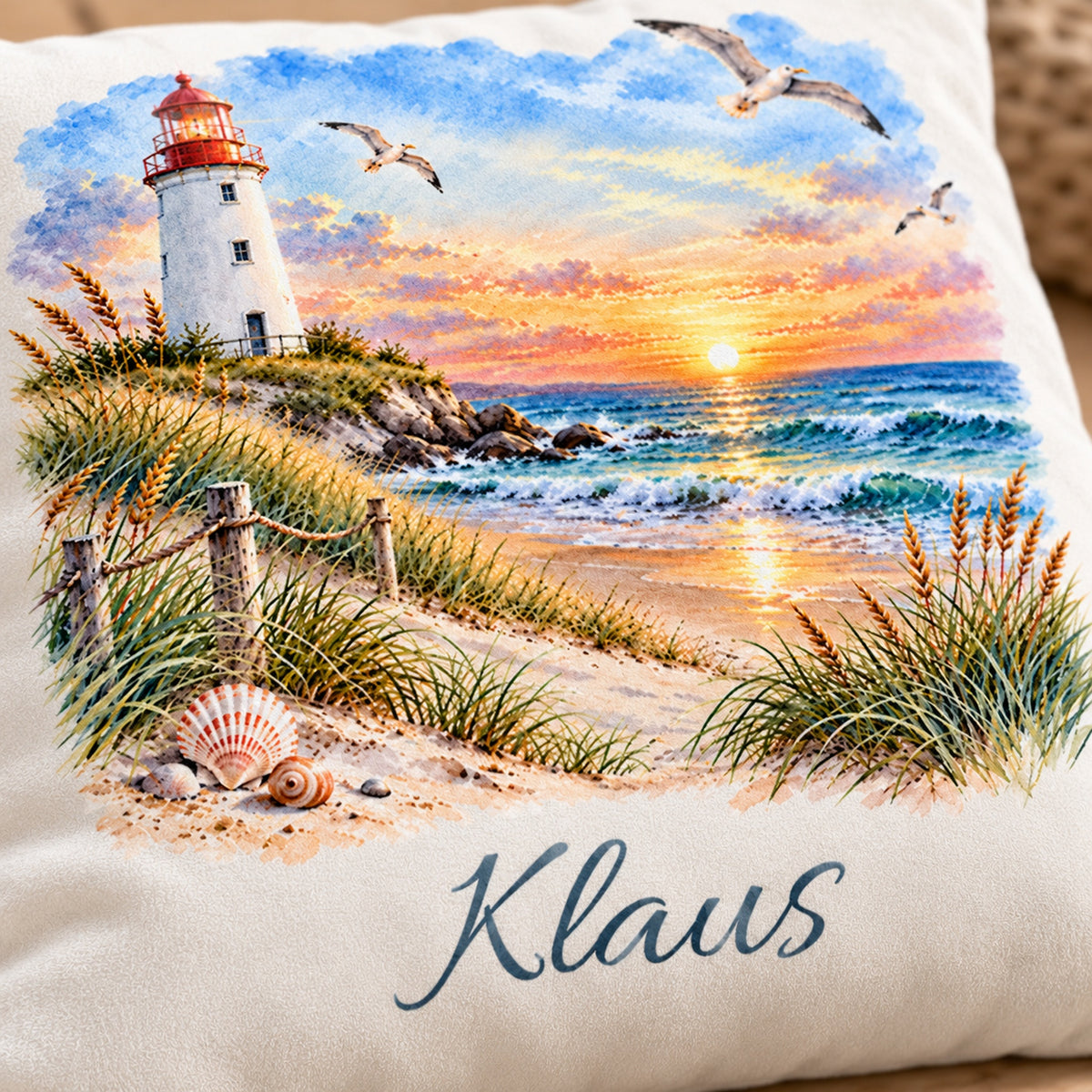 Muscheln am Strand: Kissenbezug mit Leuchtturm und Beispielname Klaus – Druckdetail