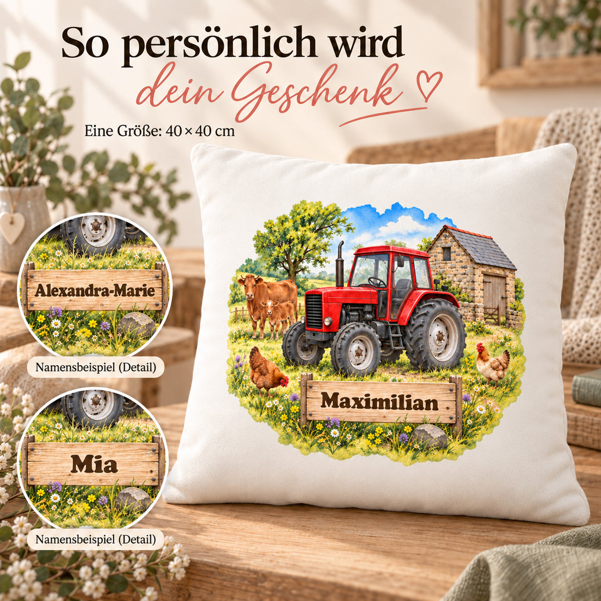 Personalisierung: personalisierter Traktor-Kissenbezug Roter Traktor mit Kühen, 40 × 40 cm, Beispiel Maximilian