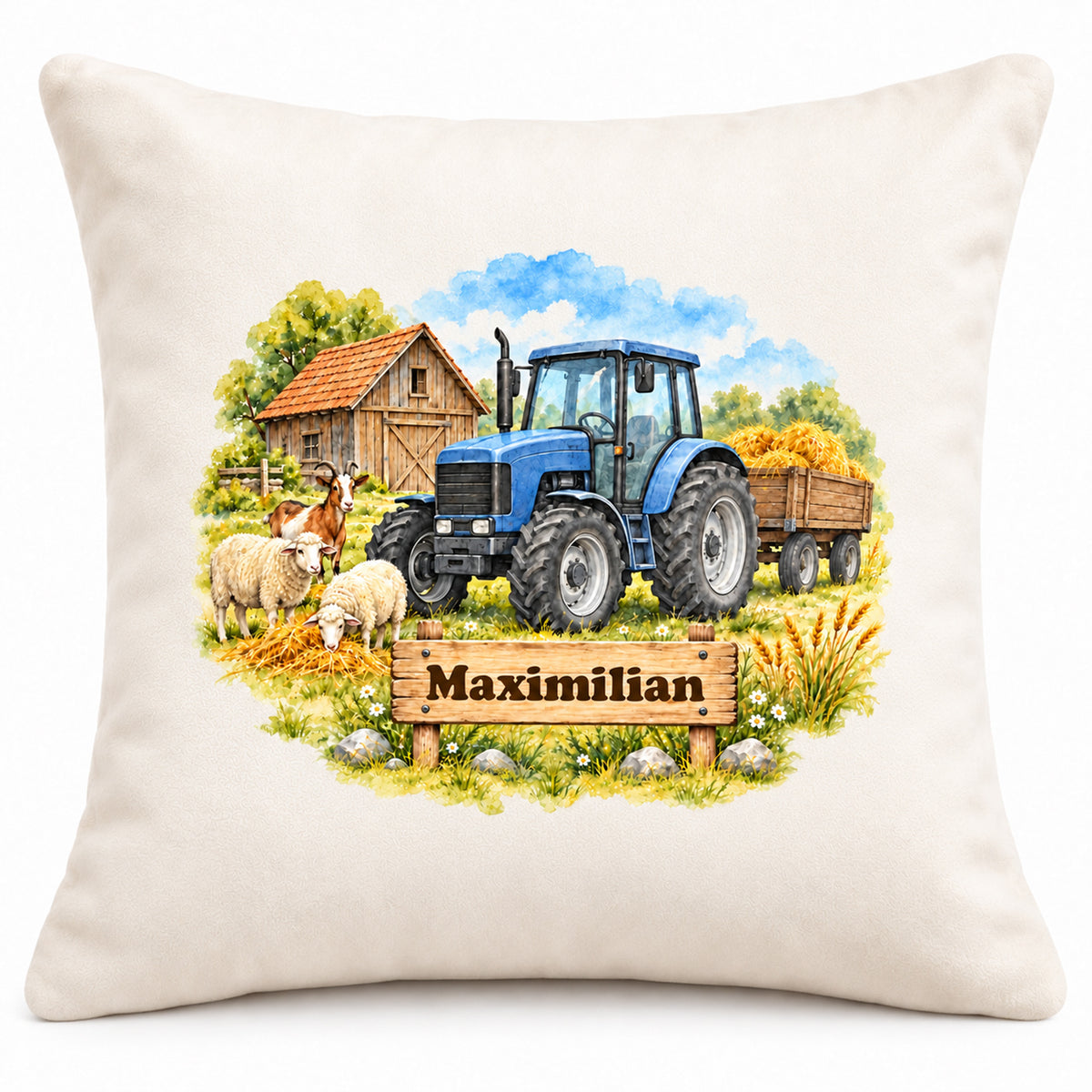 Hauptbild: personalisierter Traktor-Kissenbezug Blauer Traktor mit Heuwagen, 40 × 40 cm, Beispiel Maximilian