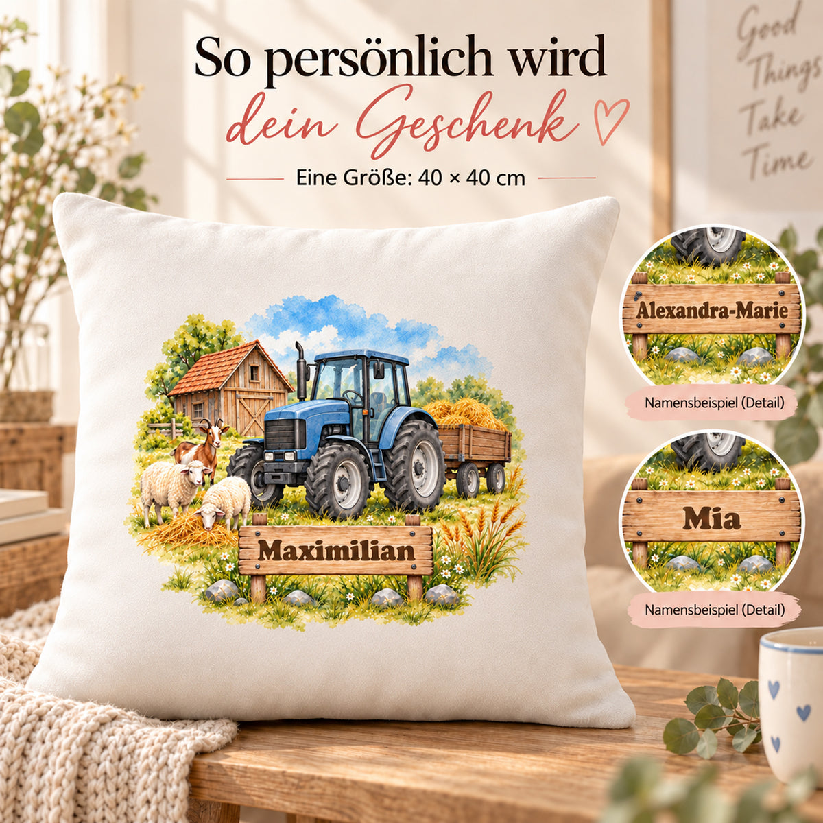 Personalisierung: personalisierter Traktor-Kissenbezug Blauer Traktor mit Heuwagen, 40 × 40 cm, Beispiel Maximilian