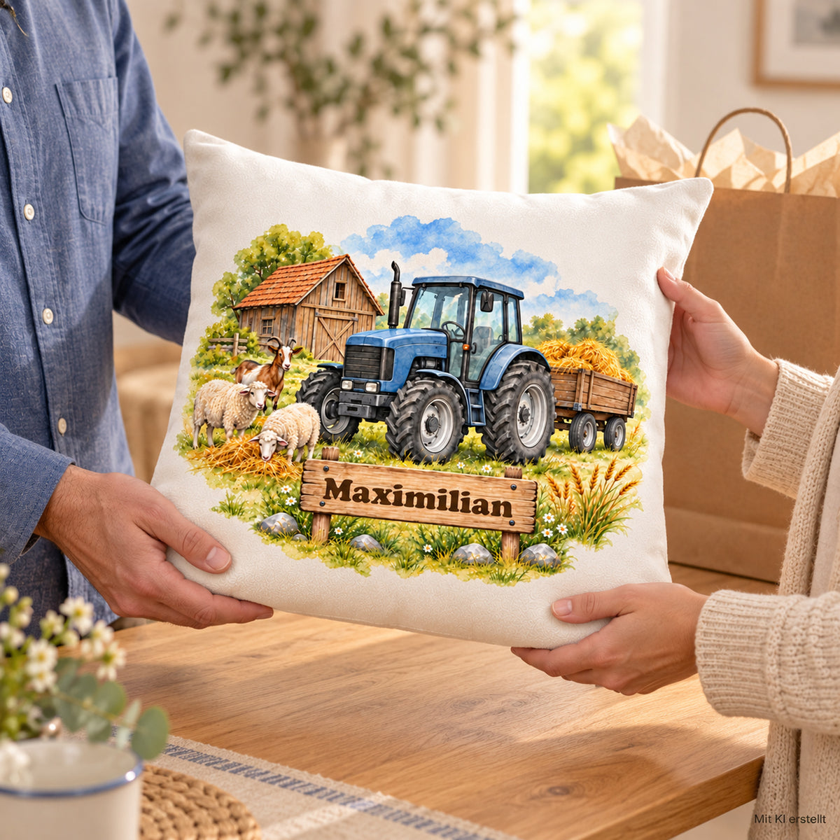 Nutzungsszene: personalisierter Traktor-Kissenbezug Blauer Traktor mit Heuwagen, 40 × 40 cm, Beispiel Maximilian