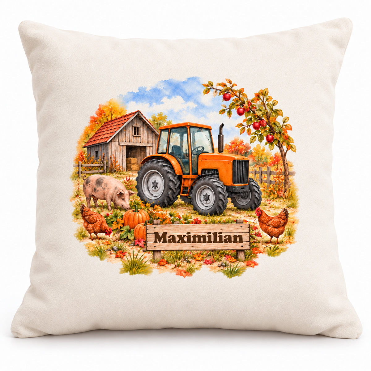 Hauptbild: personalisierter Traktor-Kissenbezug Oranger Traktor zur Herbsternte, 40 × 40 cm, Beispiel Maximilian
