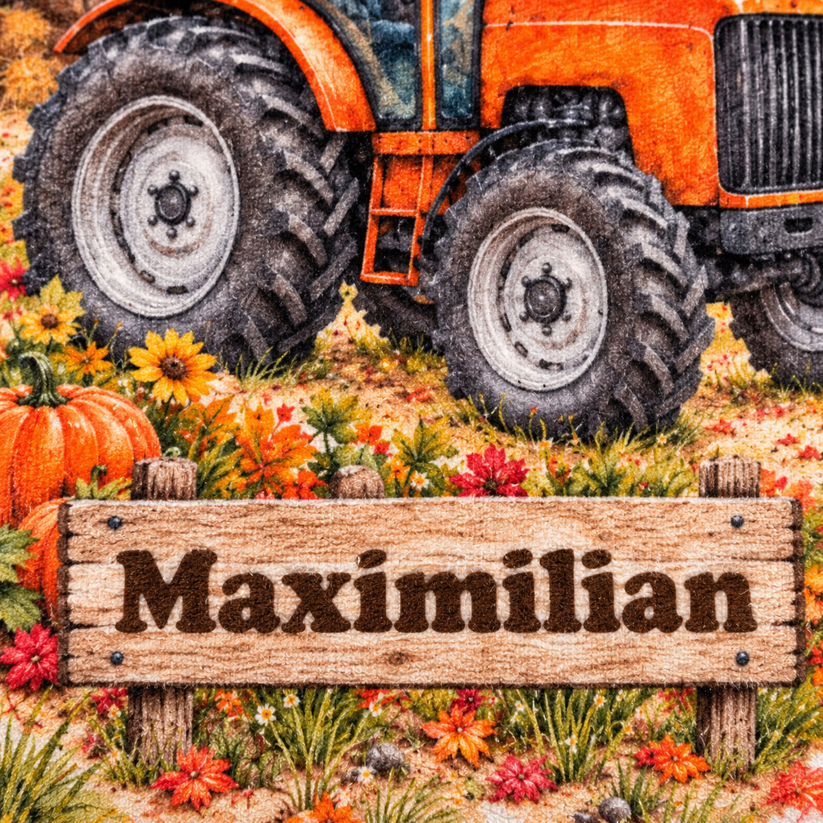 Druckdetail: personalisierter Traktor-Kissenbezug Oranger Traktor zur Herbsternte, 40 × 40 cm, Beispiel Maximilian