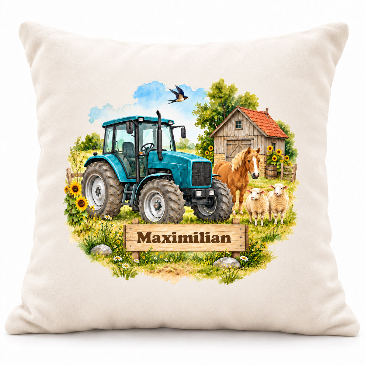 Hauptbild: personalisierter Traktor-Kissenbezug Türkiser Traktor mit Pony, 40 × 40 cm, Beispiel Maximilian