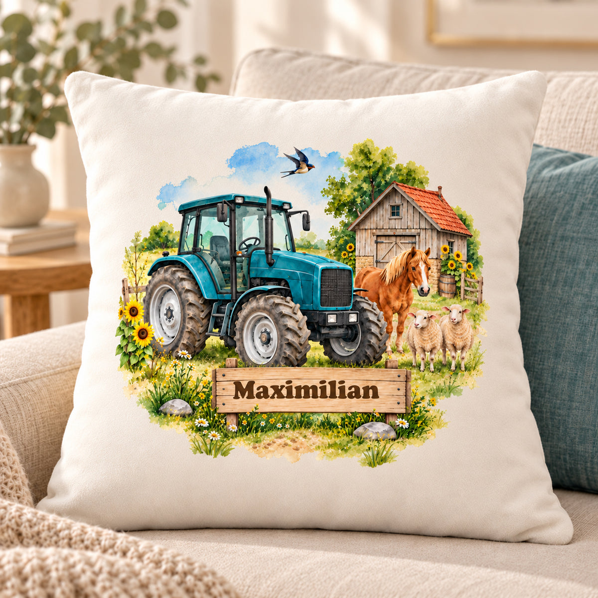 Wohnumgebung: personalisierter Traktor-Kissenbezug Türkiser Traktor mit Pony, 40 × 40 cm, Beispiel Maximilian