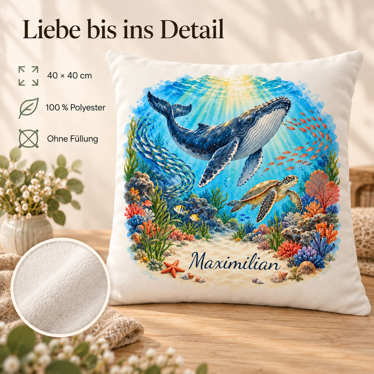 Kissenbezug Wal mit Namen – Sonnenstrahlen, Bild 4