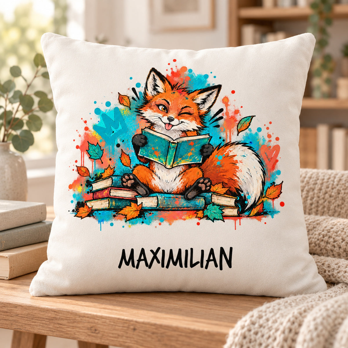 Personalisierter Bücherfuchs-Kissenbezug Augenzwinkern, 40 × 40 cm – Leseecke mit Beispielname Maximilian