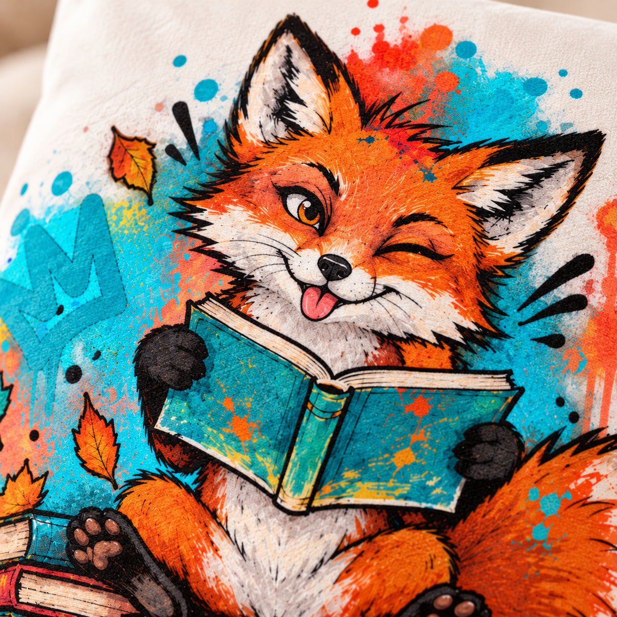Personalisierter Bücherfuchs-Kissenbezug Augenzwinkern, 40 × 40 cm – Druckdetail