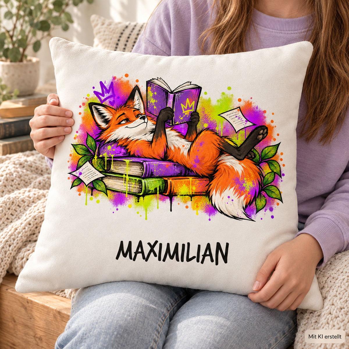 Personalisierter Bücherfuchs-Kissenbezug Lesepause, 40 × 40 cm – Nutzungsszene mit Beispielname Maximilian