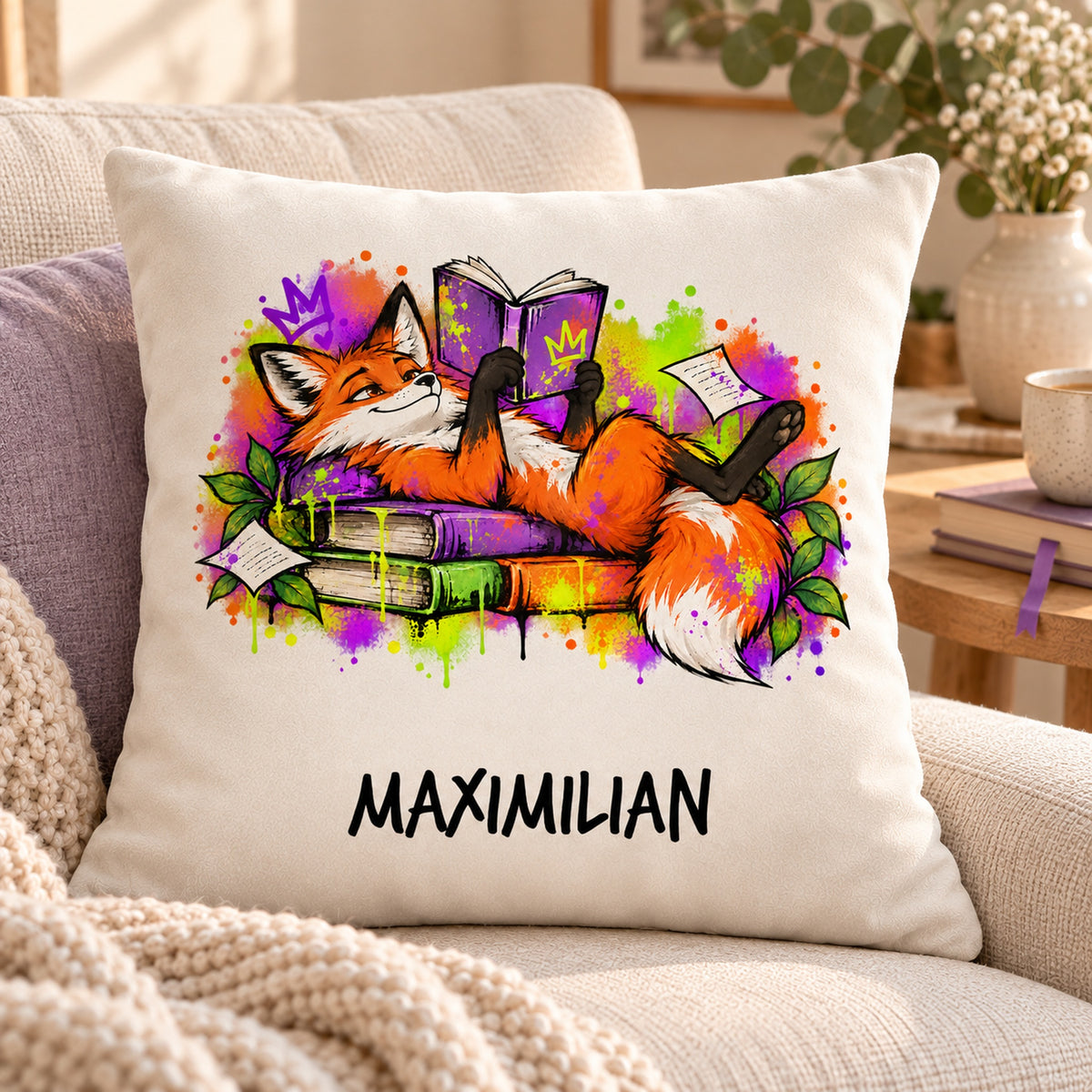 Personalisierter Bücherfuchs-Kissenbezug Lesepause, 40 × 40 cm – Leseplatz mit Beispielname Maximilian