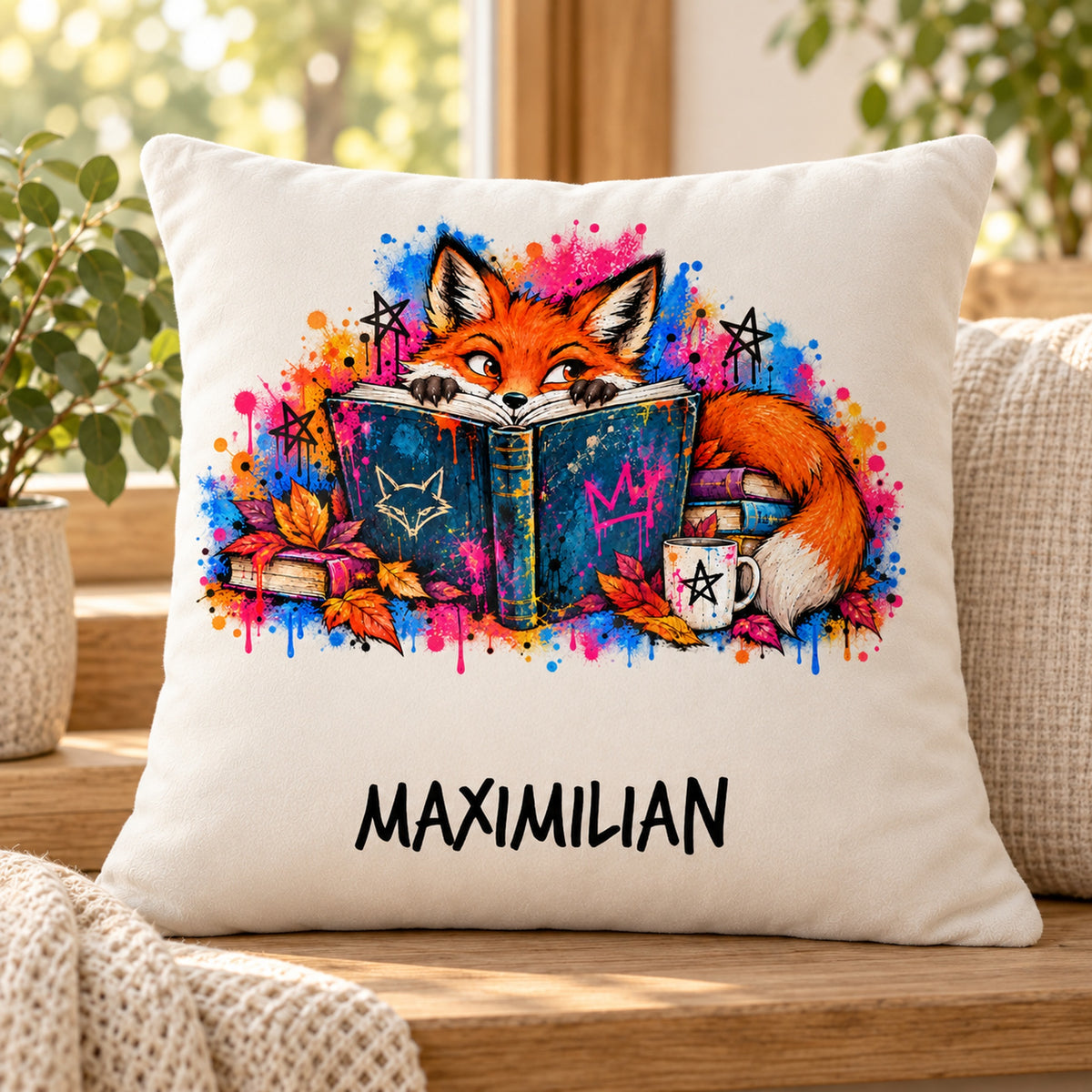 Personalisierter Bücherfuchs-Kissenbezug Neugieriger Blick, 40 × 40 cm – Leseecke mit Beispielname Maximilian
