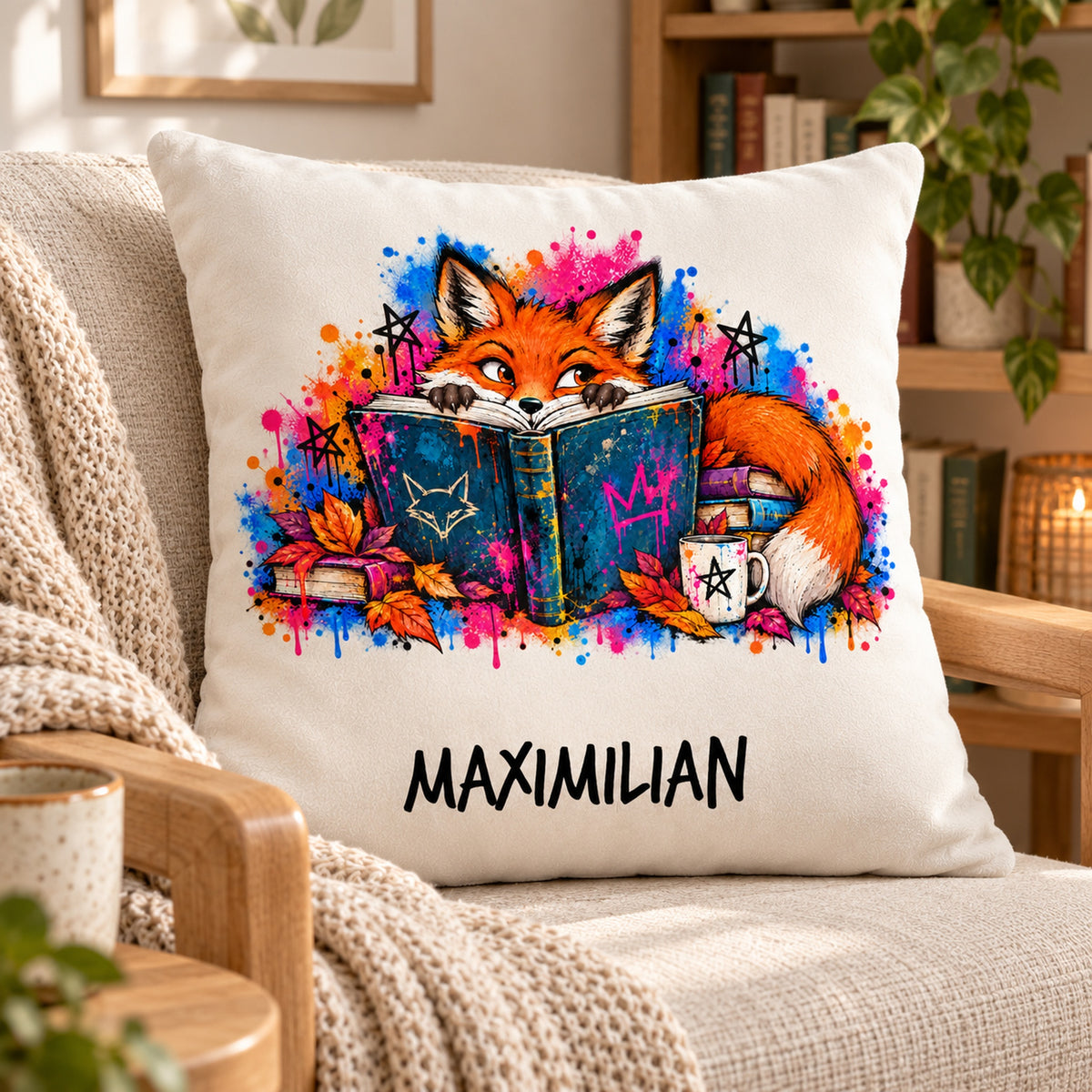 Personalisierter Bücherfuchs-Kissenbezug Neugieriger Blick, 40 × 40 cm – Schrägansicht mit Beispielname Maximilian