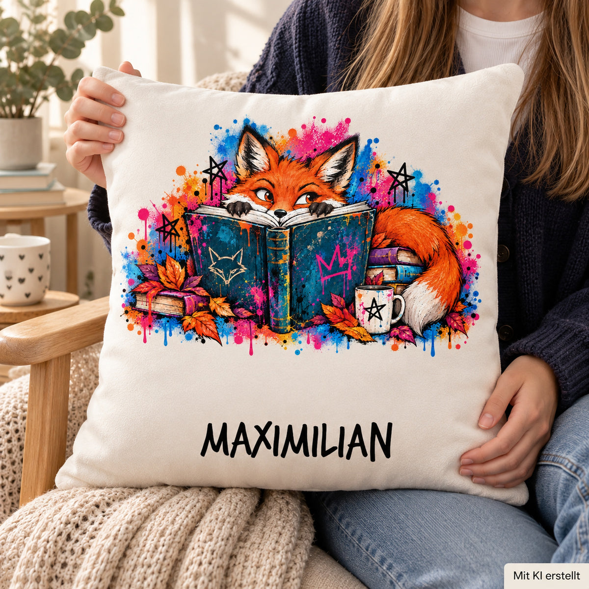 Personalisierter Bücherfuchs-Kissenbezug Neugieriger Blick, 40 × 40 cm – Nutzungsszene mit Beispielname Maximilian