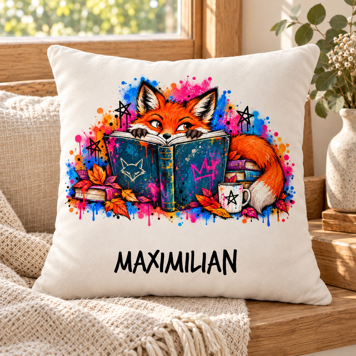 Personalisierter Bücherfuchs-Kissenbezug Neugieriger Blick, 40 × 40 cm – Leseplatz mit Beispielname Maximilian