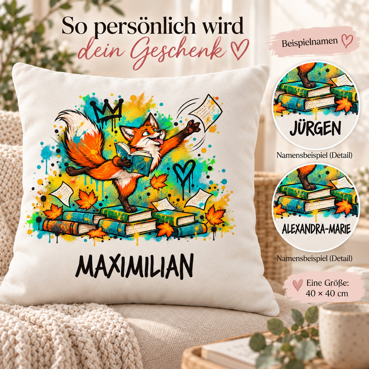 Personalisierter Bücherfuchs-Kissenbezug Seitenfänger, 40 × 40 cm – Personalisierung mit gekennzeichneten Namensbeispielen