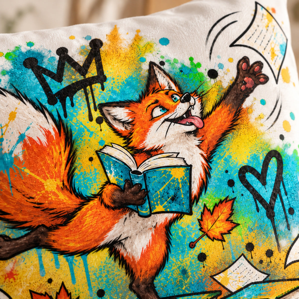 Personalisierter Bücherfuchs-Kissenbezug Seitenfänger, 40 × 40 cm – Druckdetail