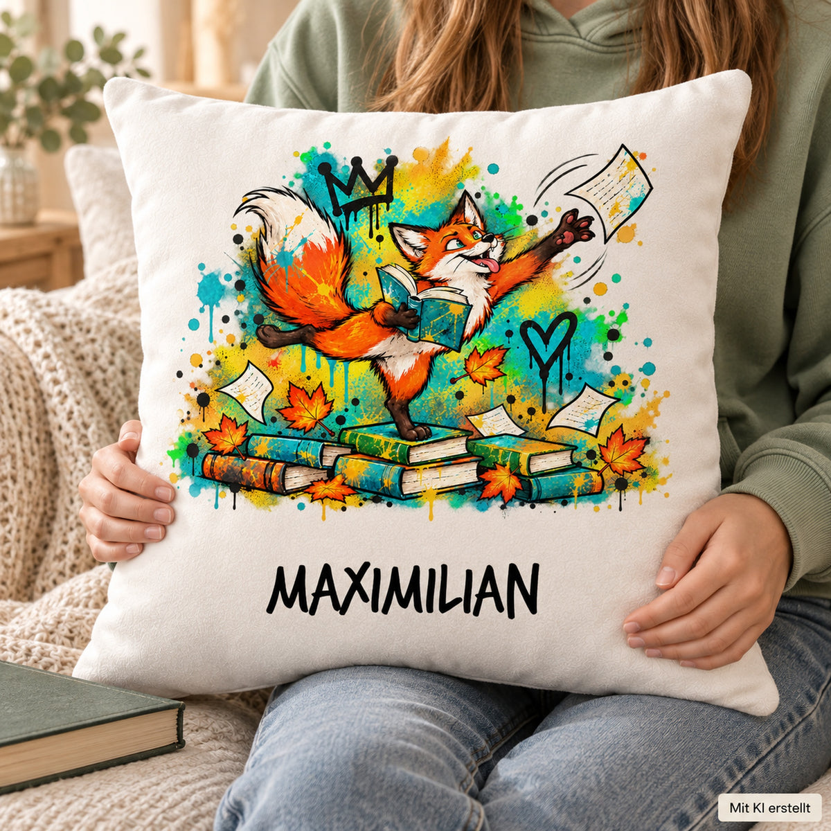 Personalisierter Bücherfuchs-Kissenbezug Seitenfänger, 40 × 40 cm – Nutzungsszene mit Beispielname Maximilian