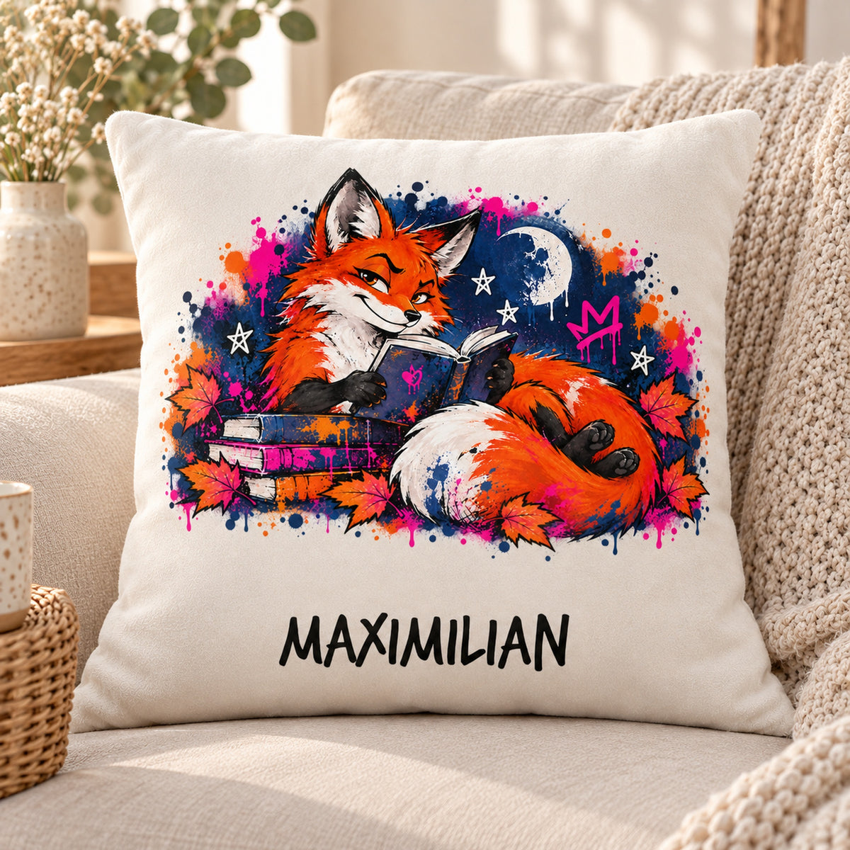 Personalisierter Bücherfuchs-Kissenbezug Nachtlektüre, 40 × 40 cm – Schrägansicht mit Beispielname Maximilian