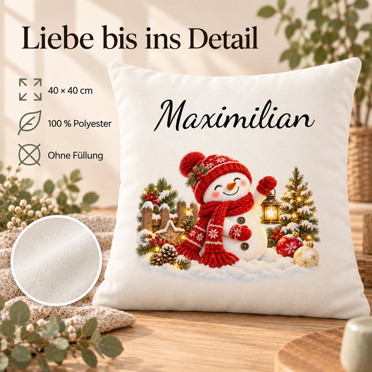 Schneemann-Kissenbezug Laternenzauber, Bild 4, mit Beispielname Maximilian