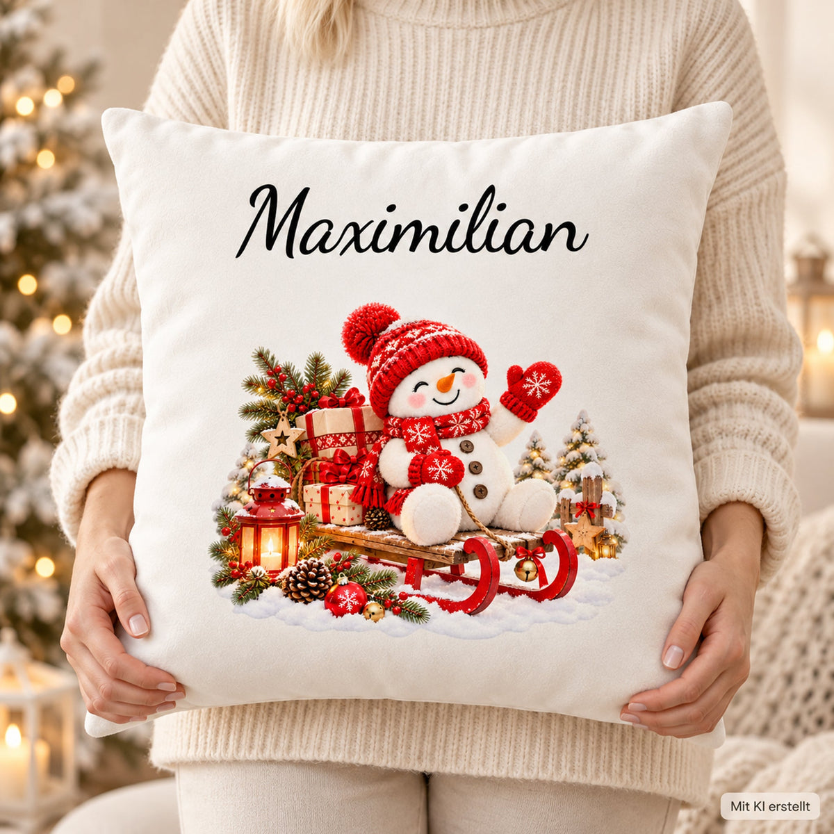 Schneemann-Kissenbezug Schlittenfahrt, Bild 7, mit Beispielname Maximilian