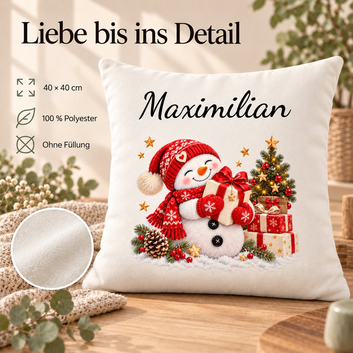 Schneemann-Kissenbezug Geschenkfreude, Bild 4, mit Beispielname Maximilian