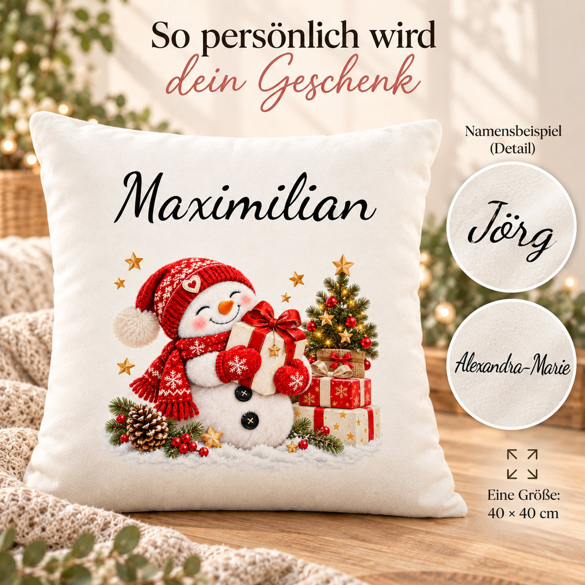 Schneemann-Kissenbezug Geschenkfreude, Bild 5, mit Beispielname Maximilian