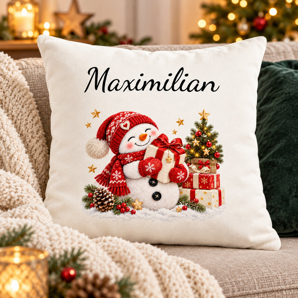 Schneemann-Kissenbezug Geschenkfreude, Bild 8, mit Beispielname Maximilian