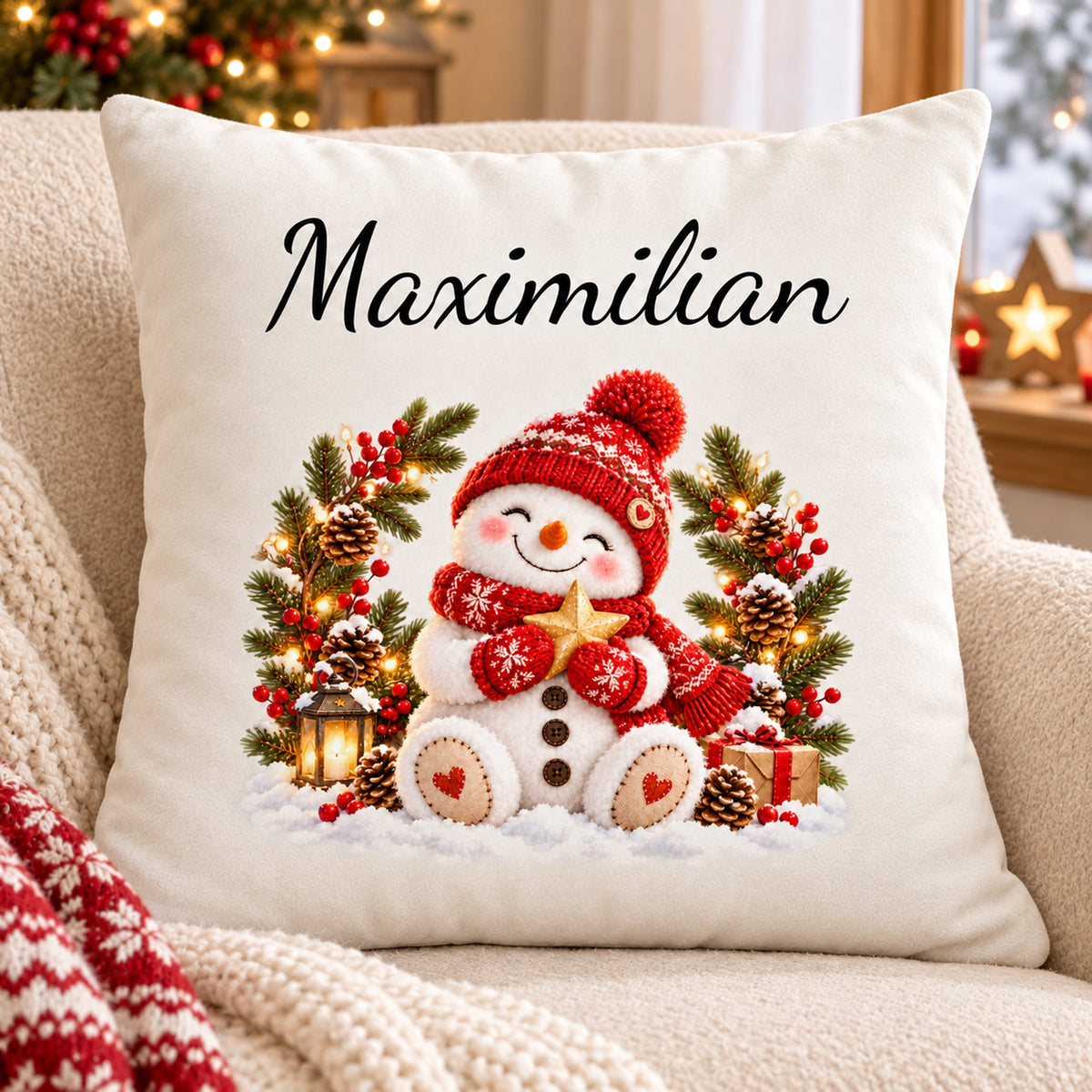 Schneemann-Kissenbezug Winterkranz, Bild 2, mit Beispielname Maximilian