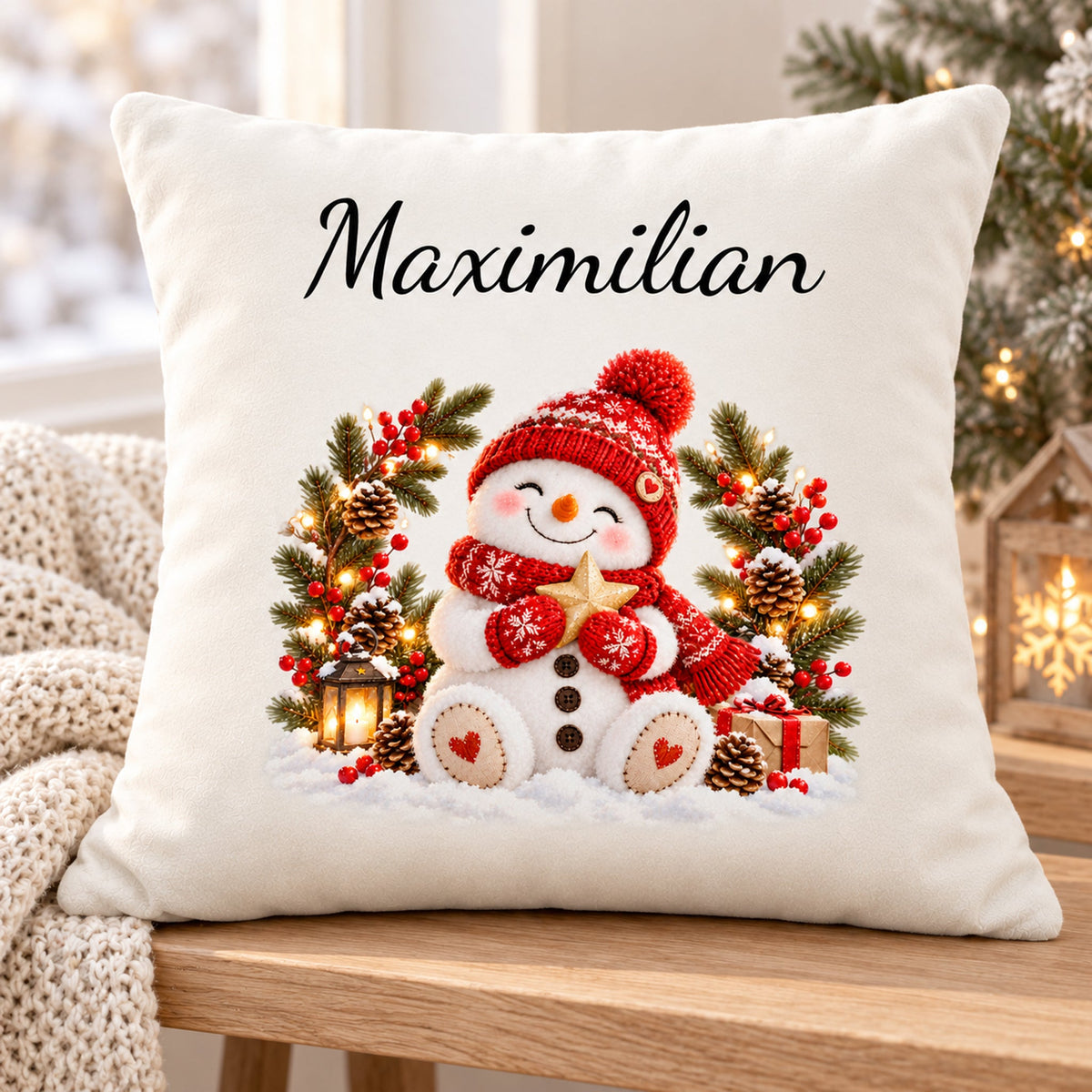 Schneemann-Kissenbezug Winterkranz, Bild 3, mit Beispielname Maximilian