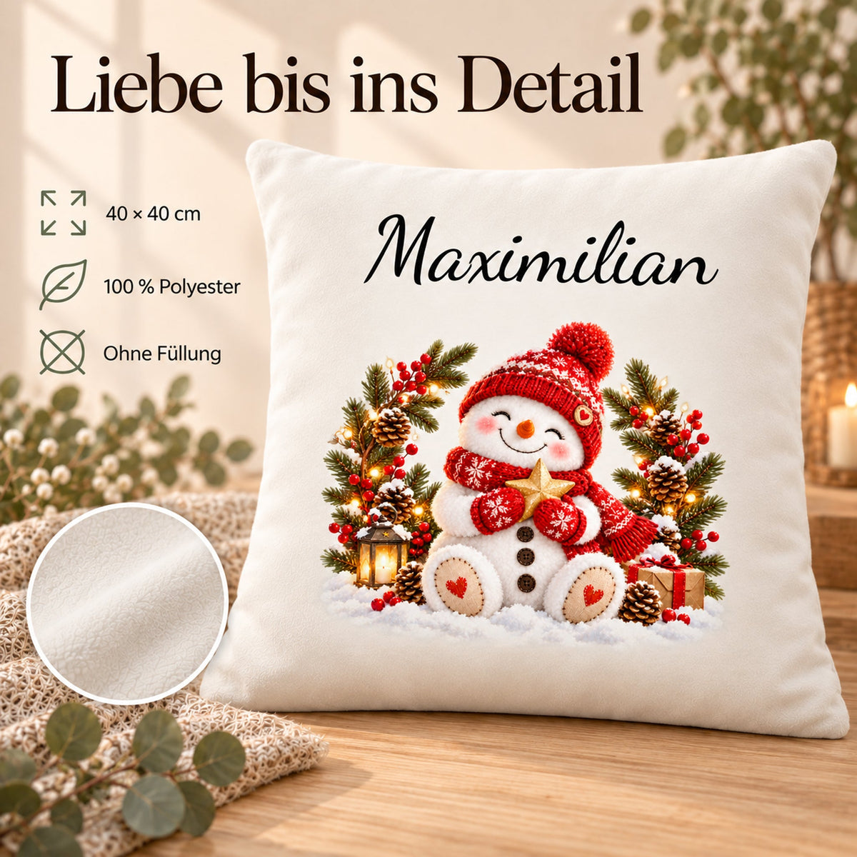 Schneemann-Kissenbezug Winterkranz, Bild 4, mit Beispielname Maximilian